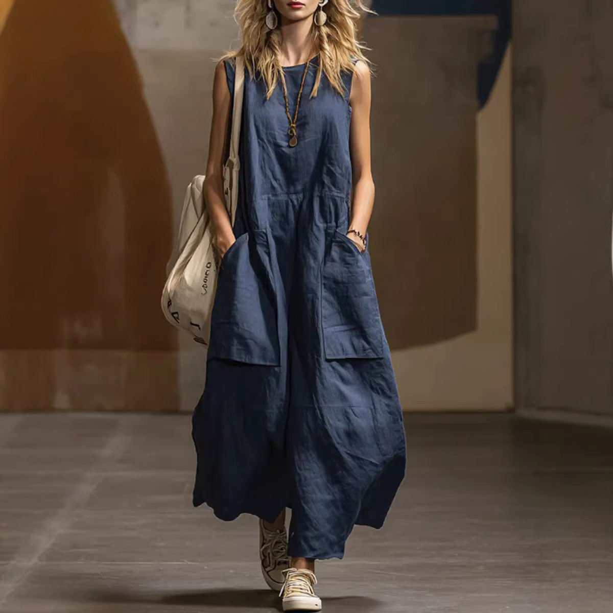 Women's Loose Simple Sleeveless Pocket Cotton Linen Dress