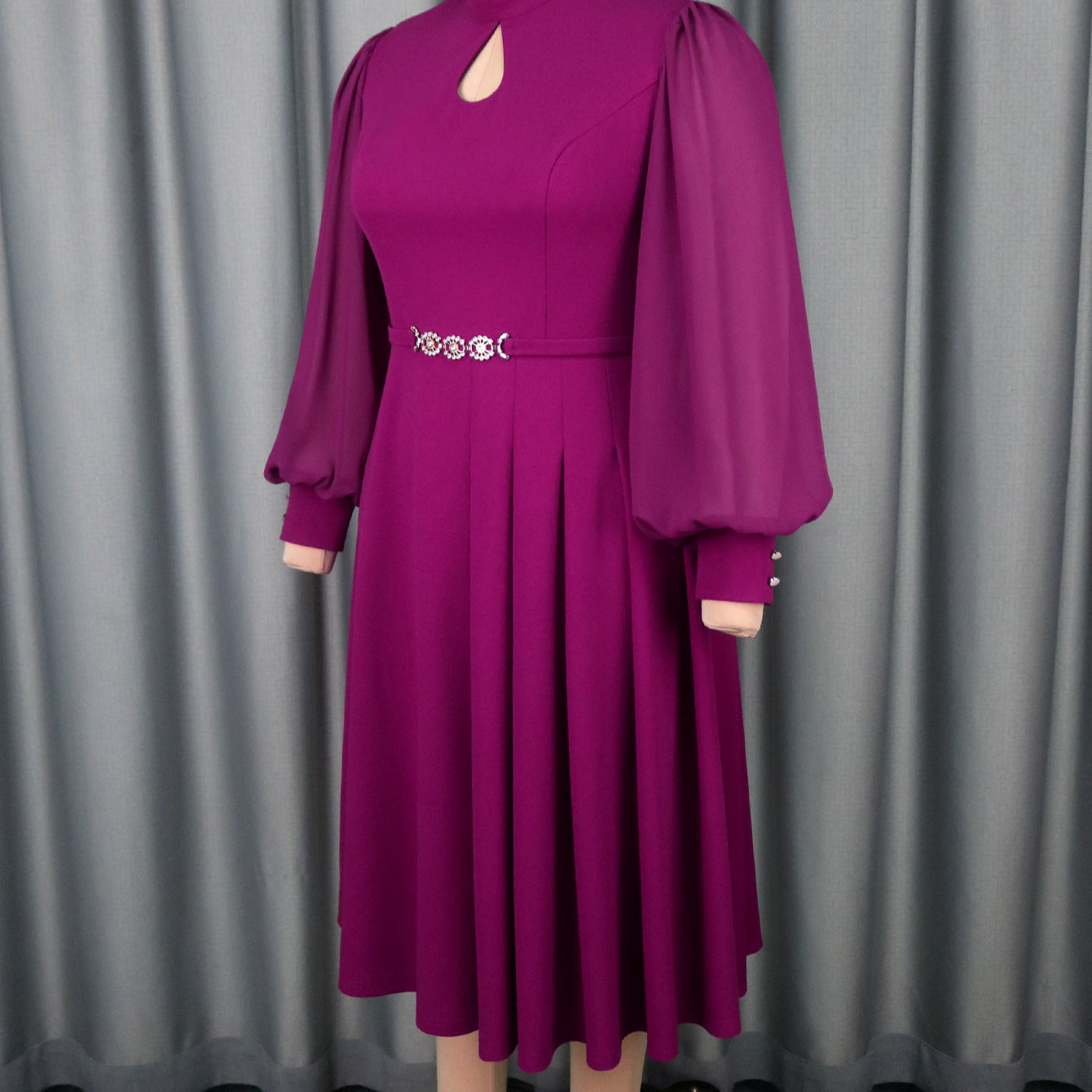 Women's Large Elegant Purple Midi Dress High Collar Dresses