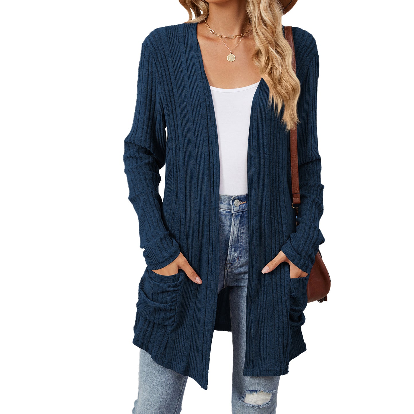 Women's Color Rib Fabric Brushed Pocket Long Cardigans