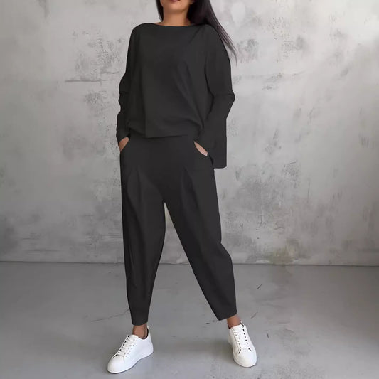 Women's Solid Color Round Neck Pocket Trousers Suits