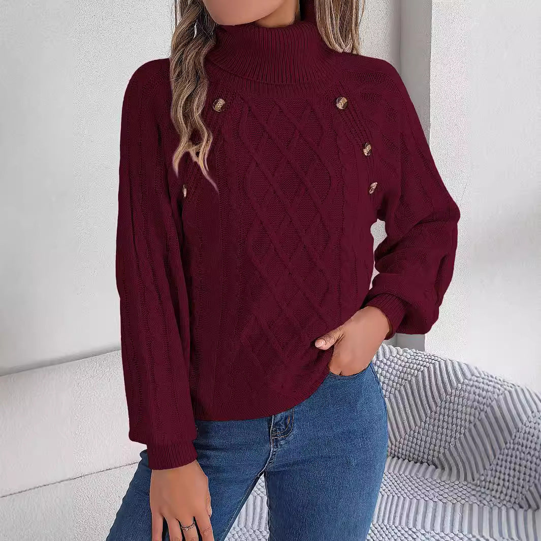 Women's Leisure Solid Color Buttons Turtleneck Lantern Sleeve Sweater