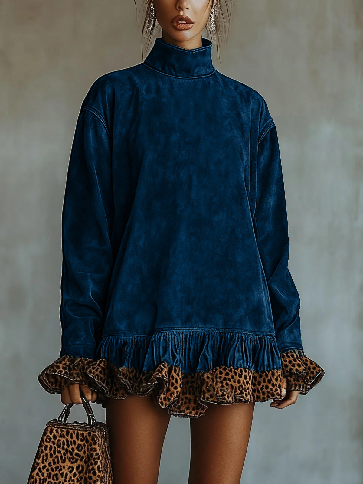 Women's Fashion Casual Turtleneck Long Sleeve Leopard Dress