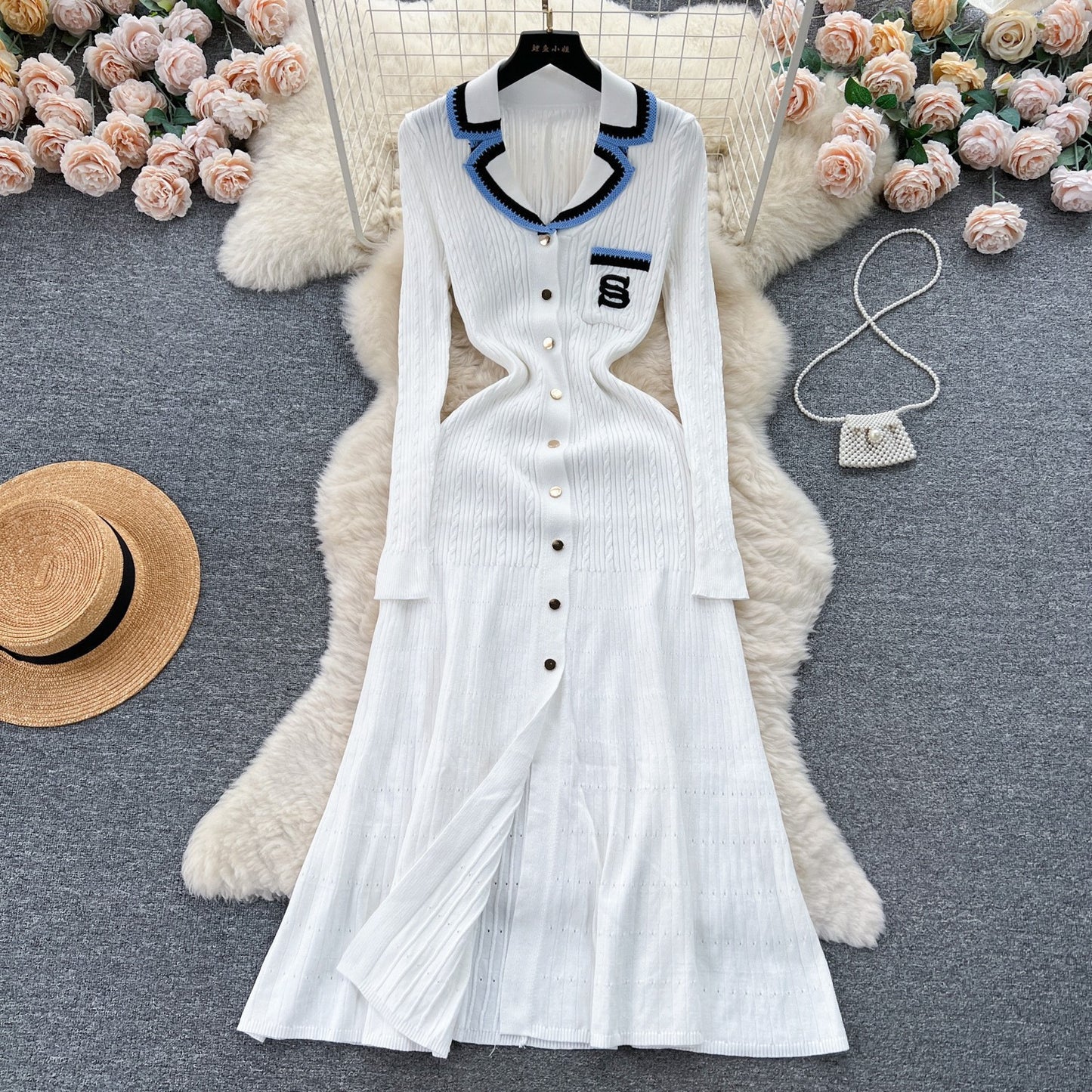 Classic Style Contrast Color Woolen Embroidered Collar Split Skirts
