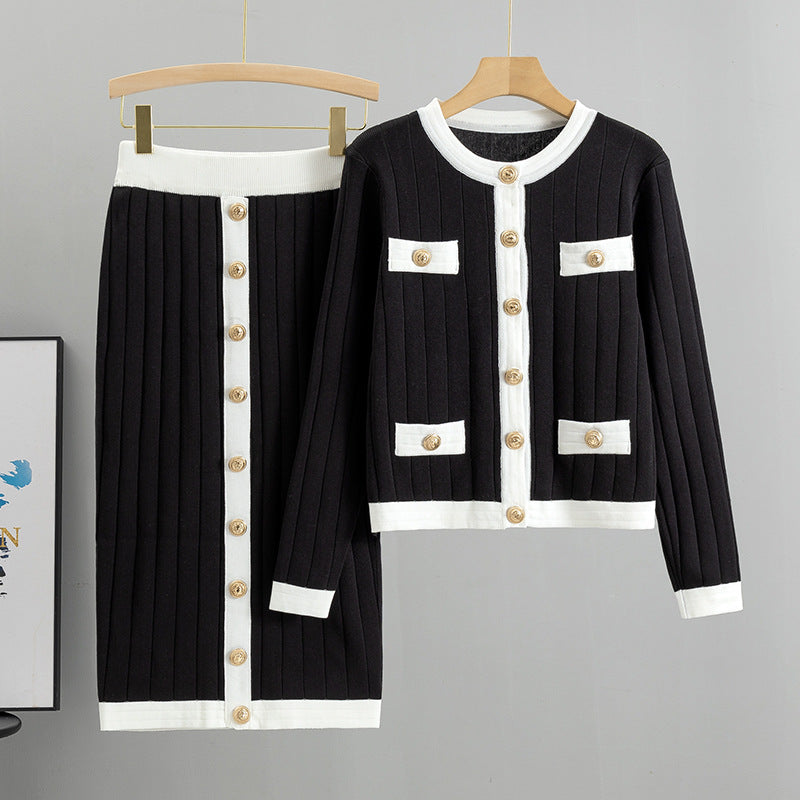 Women's French Style Temperament High-grade Knitted Two-piece Set Dress Fashion Casual Suit