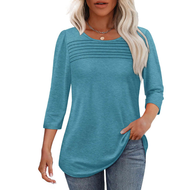 Solid Color Round Neck Long-sleeved Striped Blouses