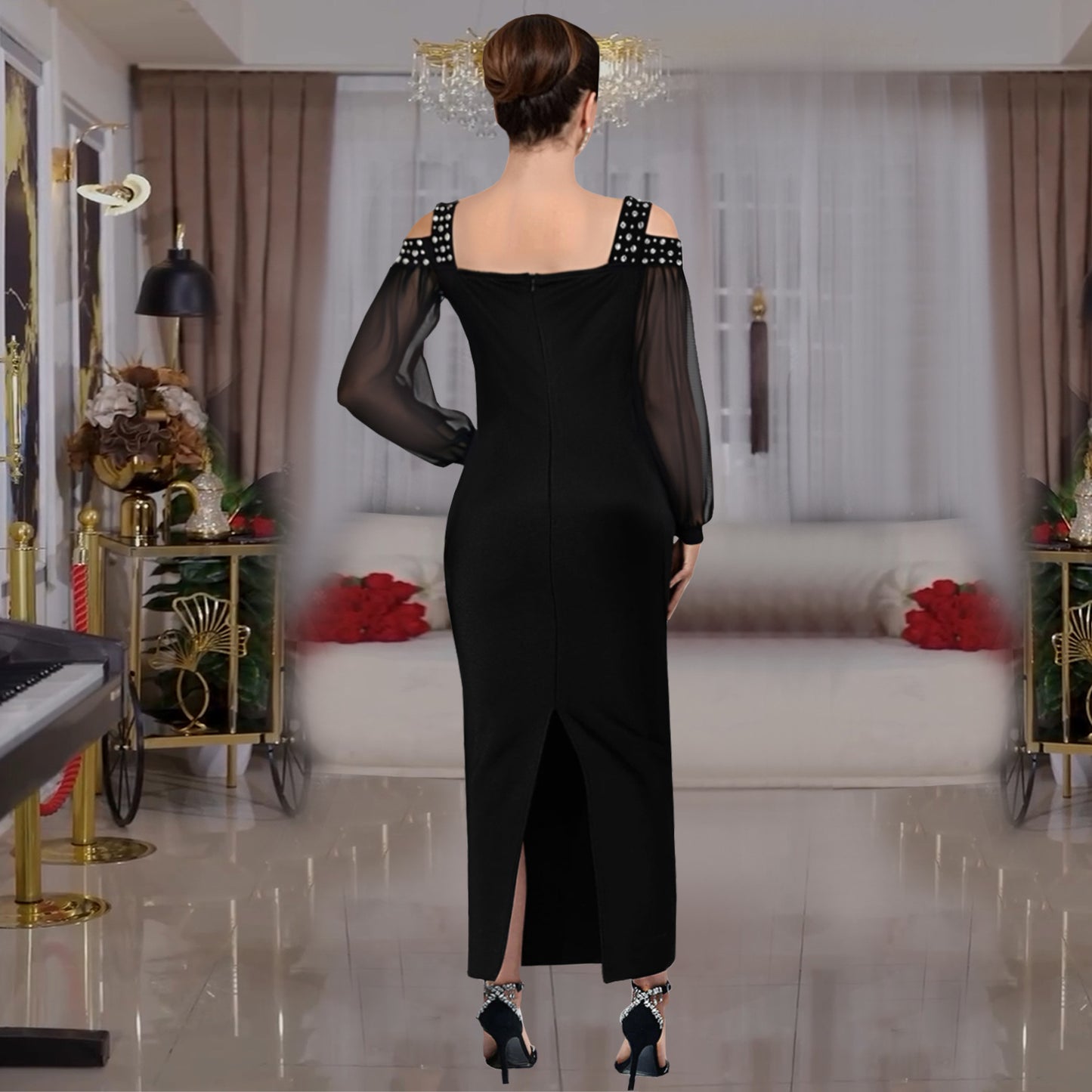 Women's Fashion Wear Elegant Rhinestone Square Collar Mesh Dresses