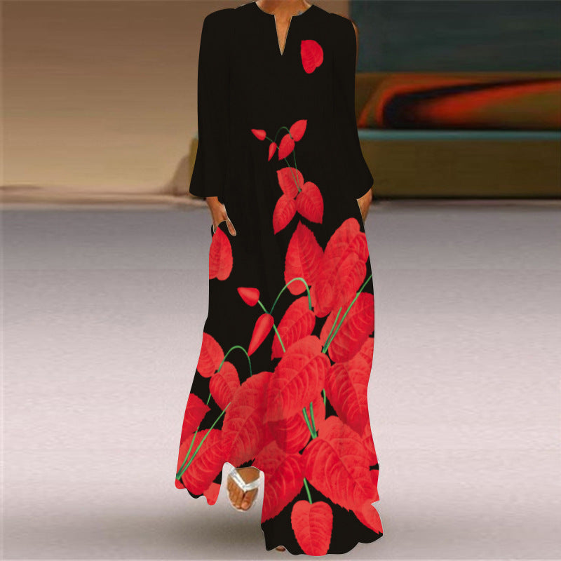 Women's Retro Butterfly Print Long Dress Collar Dresses