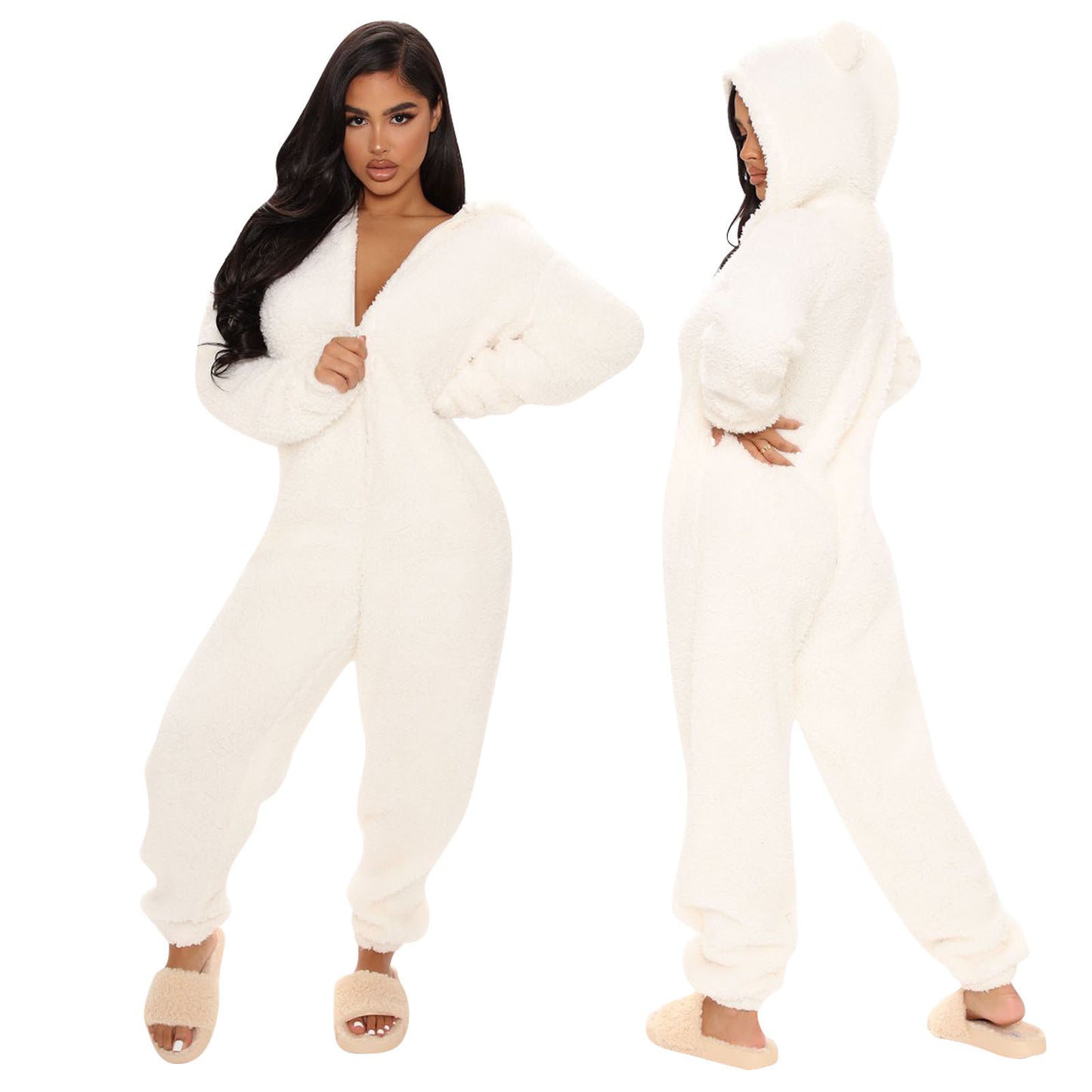 Long Sleeve Hooded Casual Trousers Plush Jumpsuits