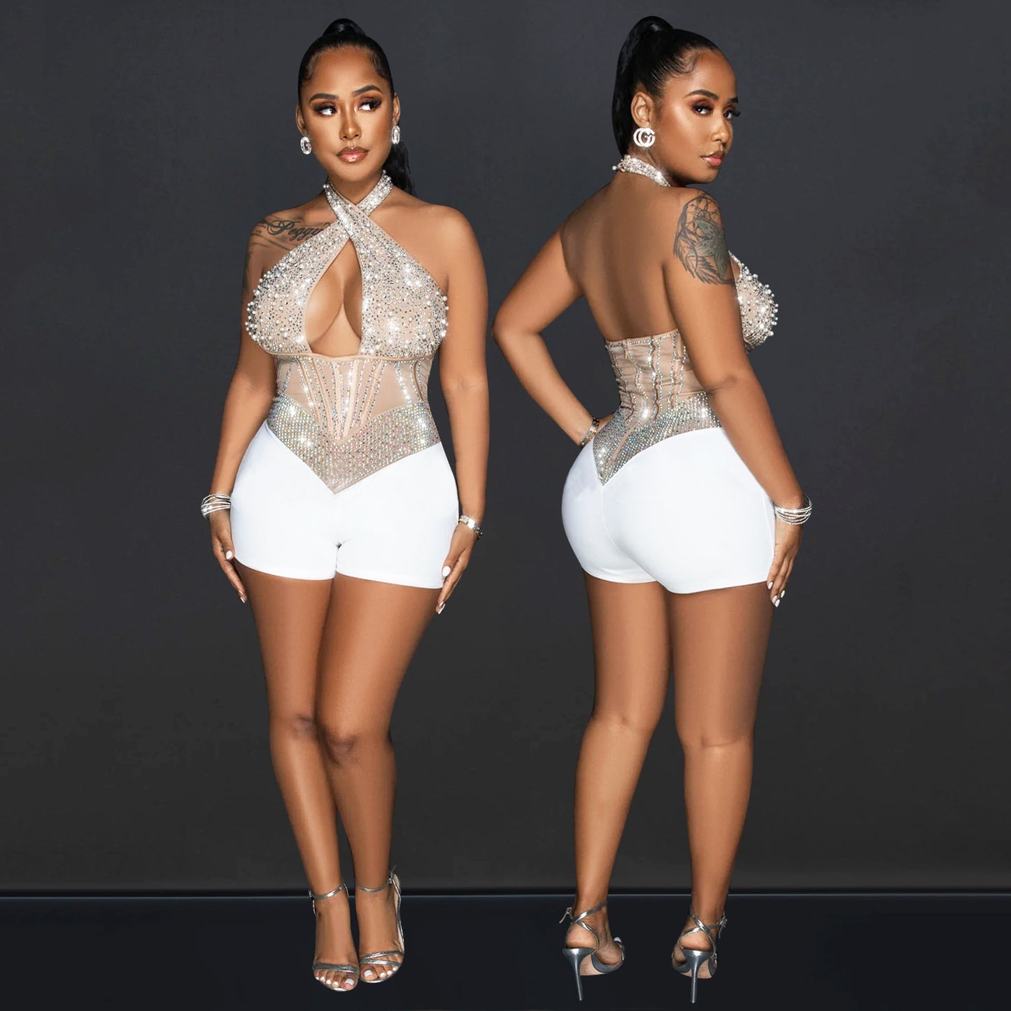 Women's Sexy Mesh Tight Halter Rhinestone Jumpsuits