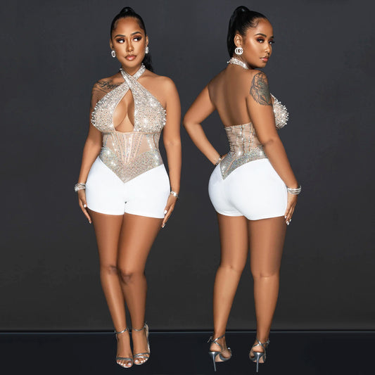 Women's Sexy Mesh Tight Halter Rhinestone Jumpsuits
