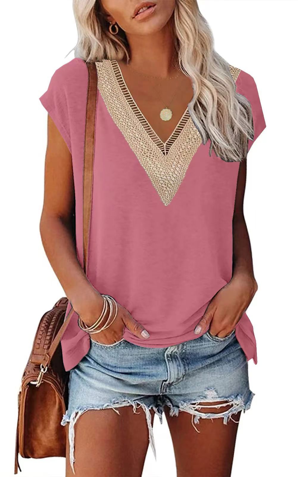 Women's Gold Lace Tile Sleeve Solid Color Blouses
