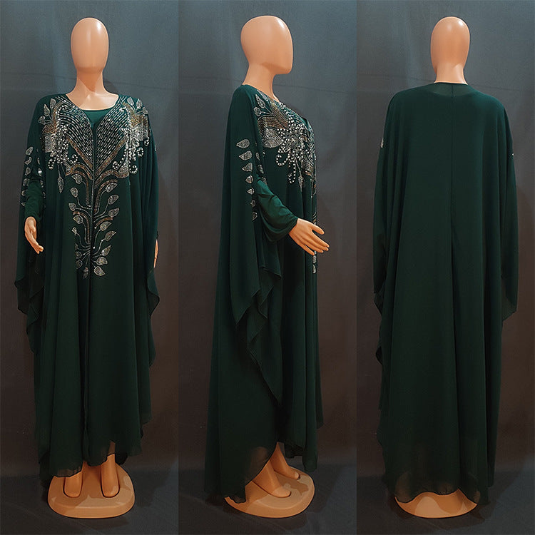 Women's African Dress Chiffon Rhinestone Robe Muslim Dresses