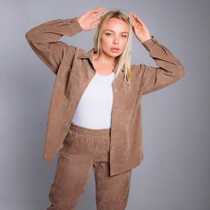 Women's Retro Lapel Shirt Outfit Loose Corduroy Trousers Fashion Casual Suit