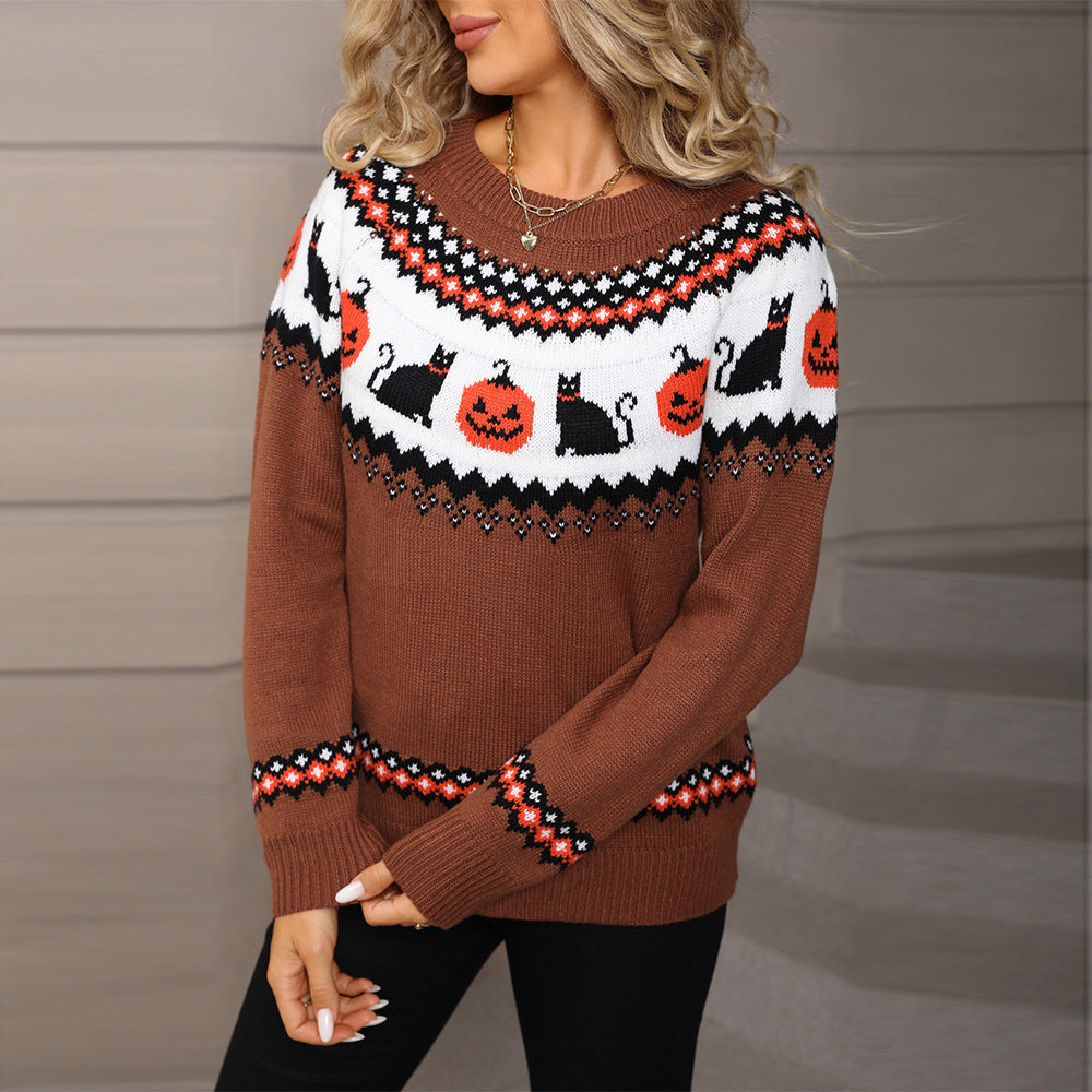 Women's Winter Oversized Knit Christmas Halloween Pumpkin Kitten Sweater