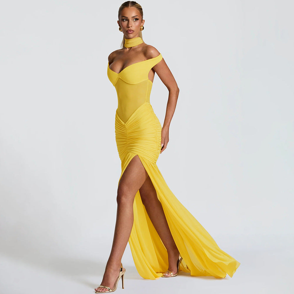 Women's Solid Color Sexy Mesh Stitching Pleated High Slit Dress