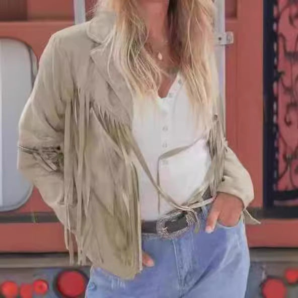 Women's Autumn Slim Long Sleeve Printed Tassel Coats