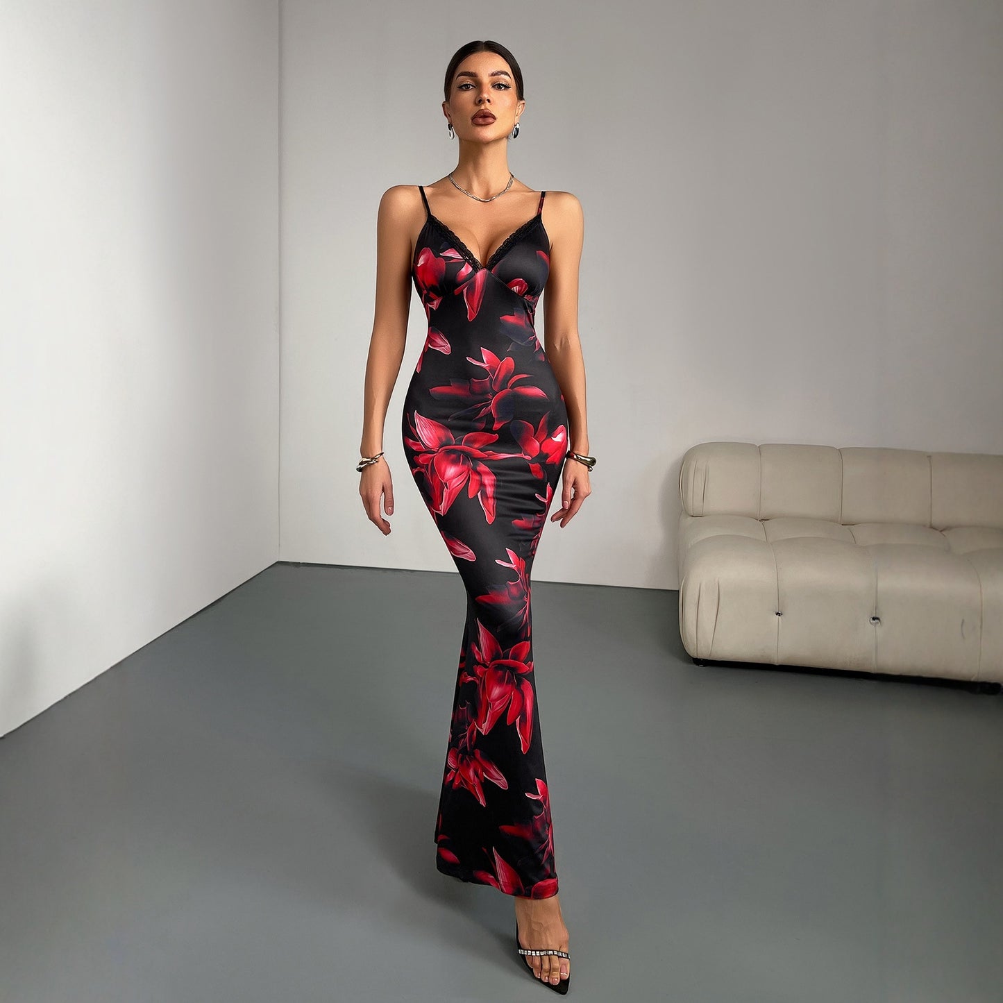Women's Summer Printed Backless Fishtail Sling Party Dress