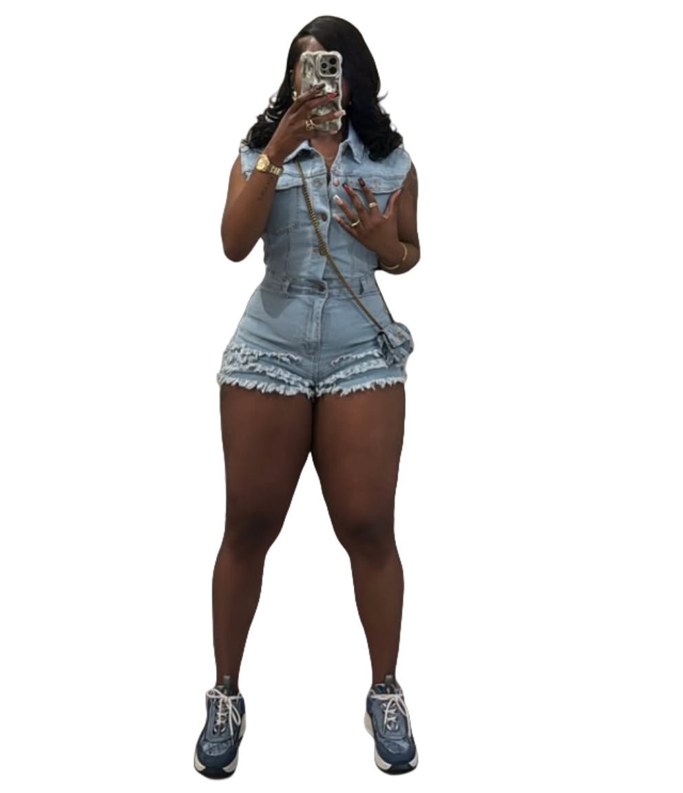 Stretch Cowboy Siamese Denim Sleeveless Slim Jumpsuits