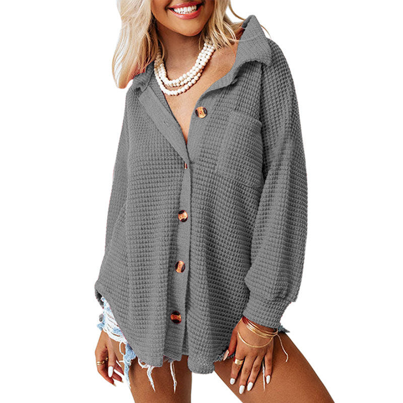 Women's Waffle Casual Shirt Solid Color Long Blouses