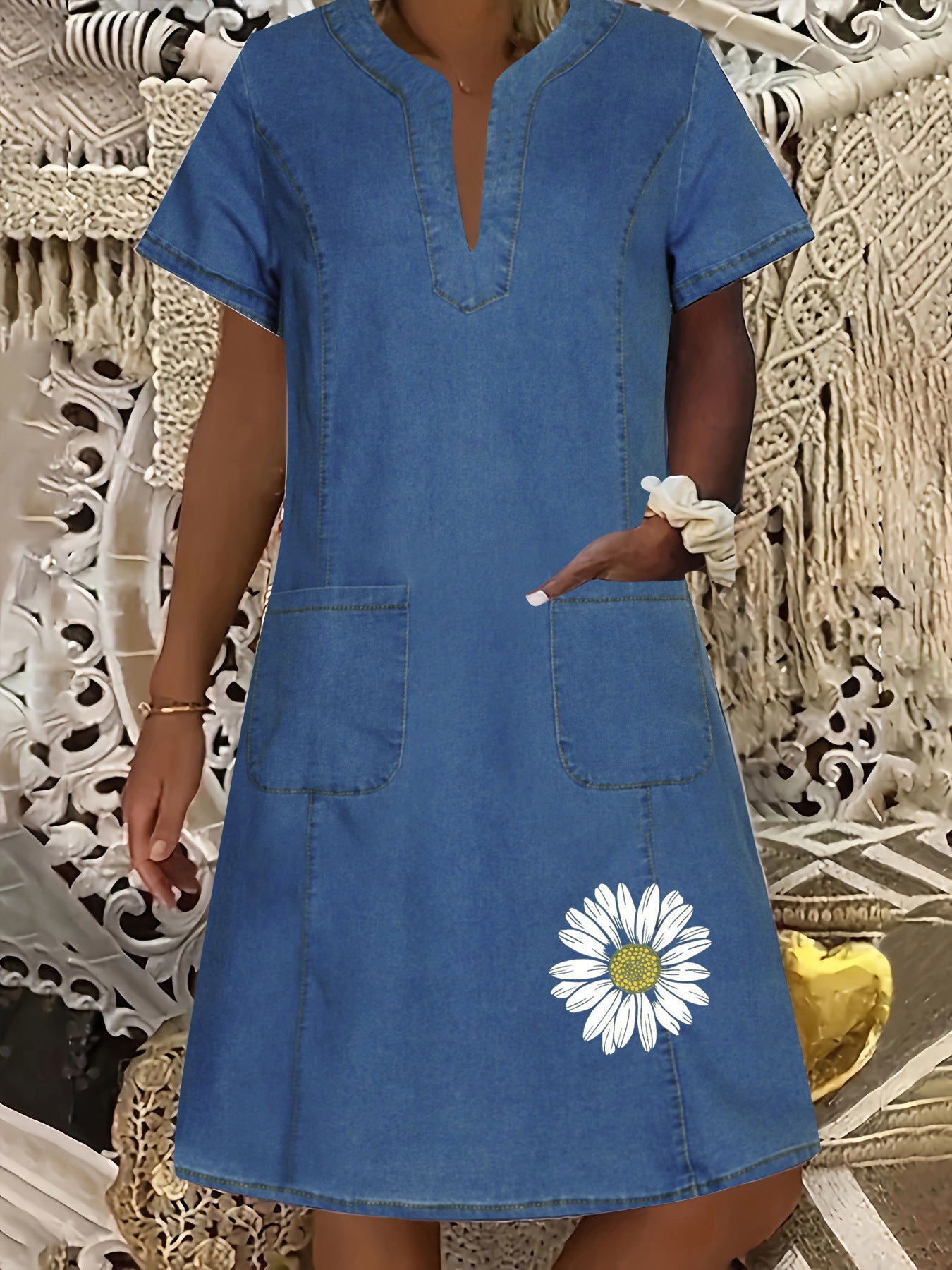 Women's Denim Dress Dark Blue Thin Pocket Dresses