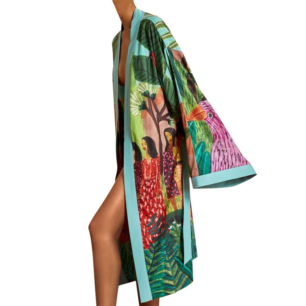 Women's Straight Hair Kimono Print Trench Coats