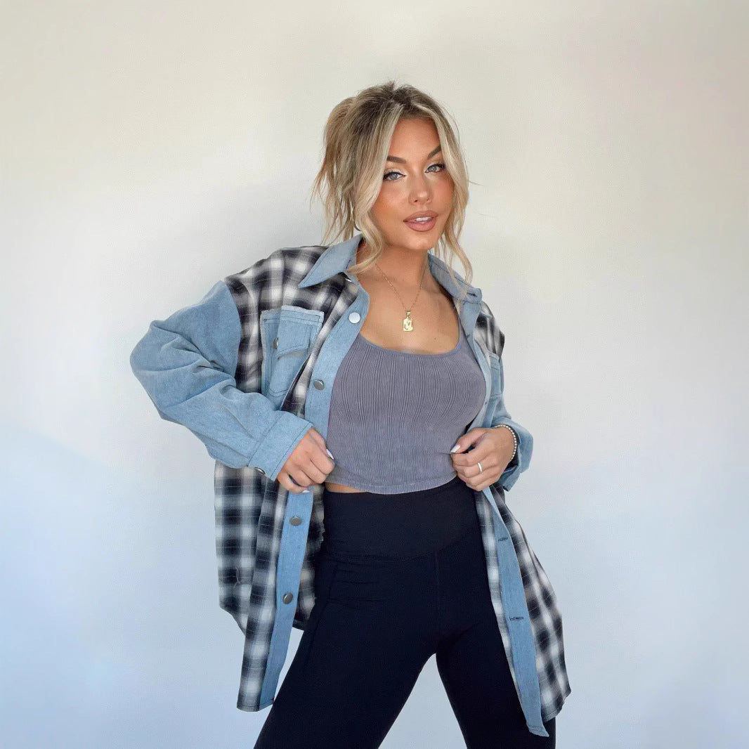 Casual Fashion Style Woolen Patchwork Plaid Jackets