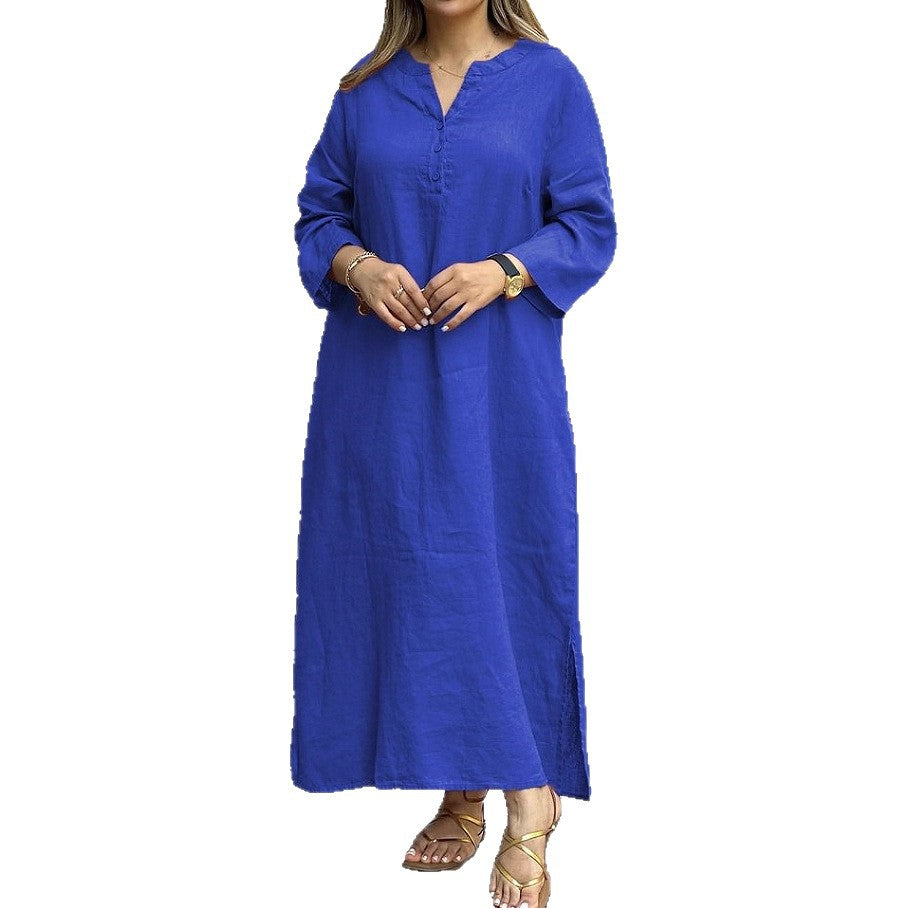 Cotton Linen Solid Color Long Sleeve Dress