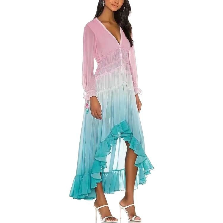 Women's Deep V Long Sleeve Gradient Printing Dresses