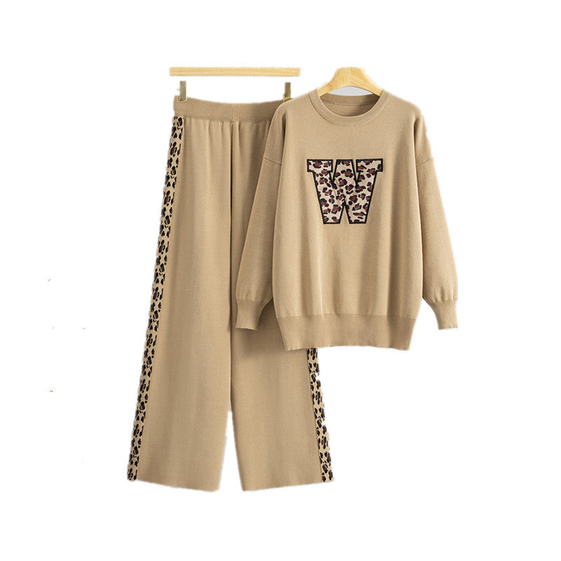 Women's Sleeve Leopard Wide Leg Classic Style Knit Suits