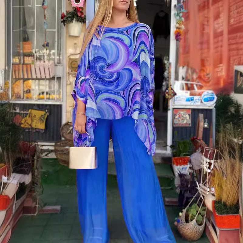 Women's Summer Colorful Chiffon Casual Round Neck Suits