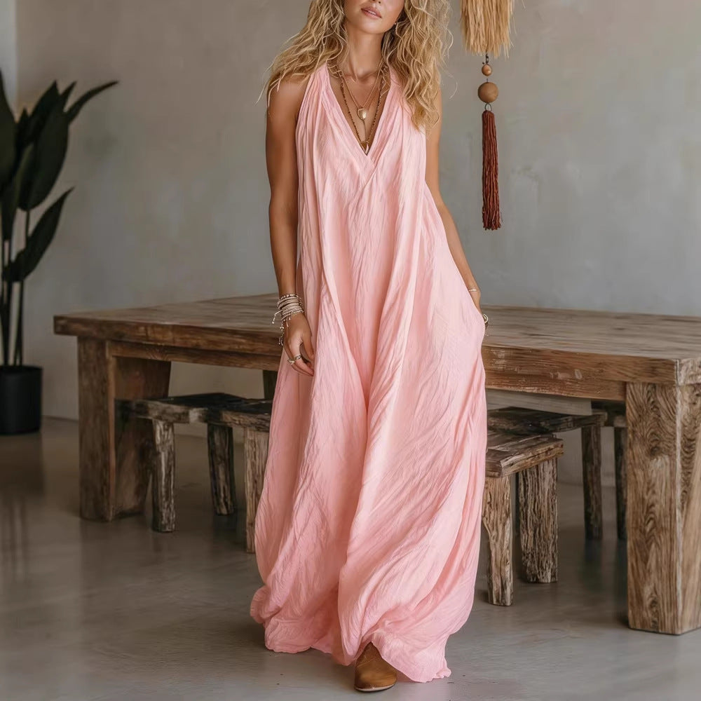 Women's Sleeve Casual Sleeveless Loose Pockets Long Dress