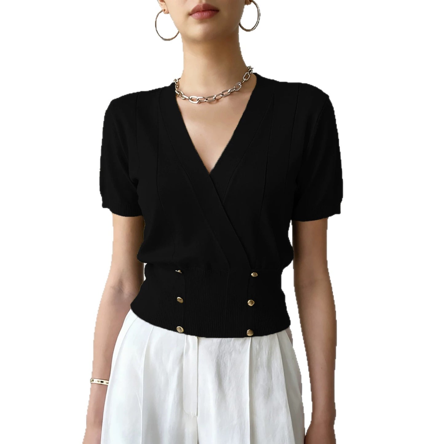 Women's Collar Tight Waist Fake Button Design Women's Sweater