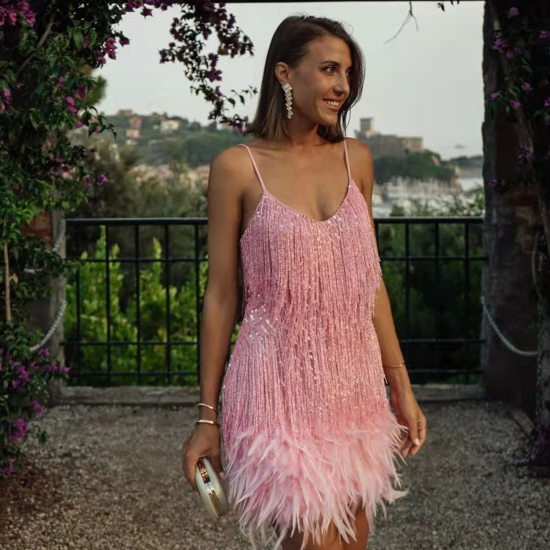 Fashion Tassel Sequins Multicolor Birthday Party Sexy Strap Feather Dresses