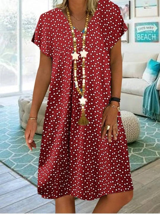 Women's Casual Short-sleeved Polka Dot Heart Shape Printed Dress