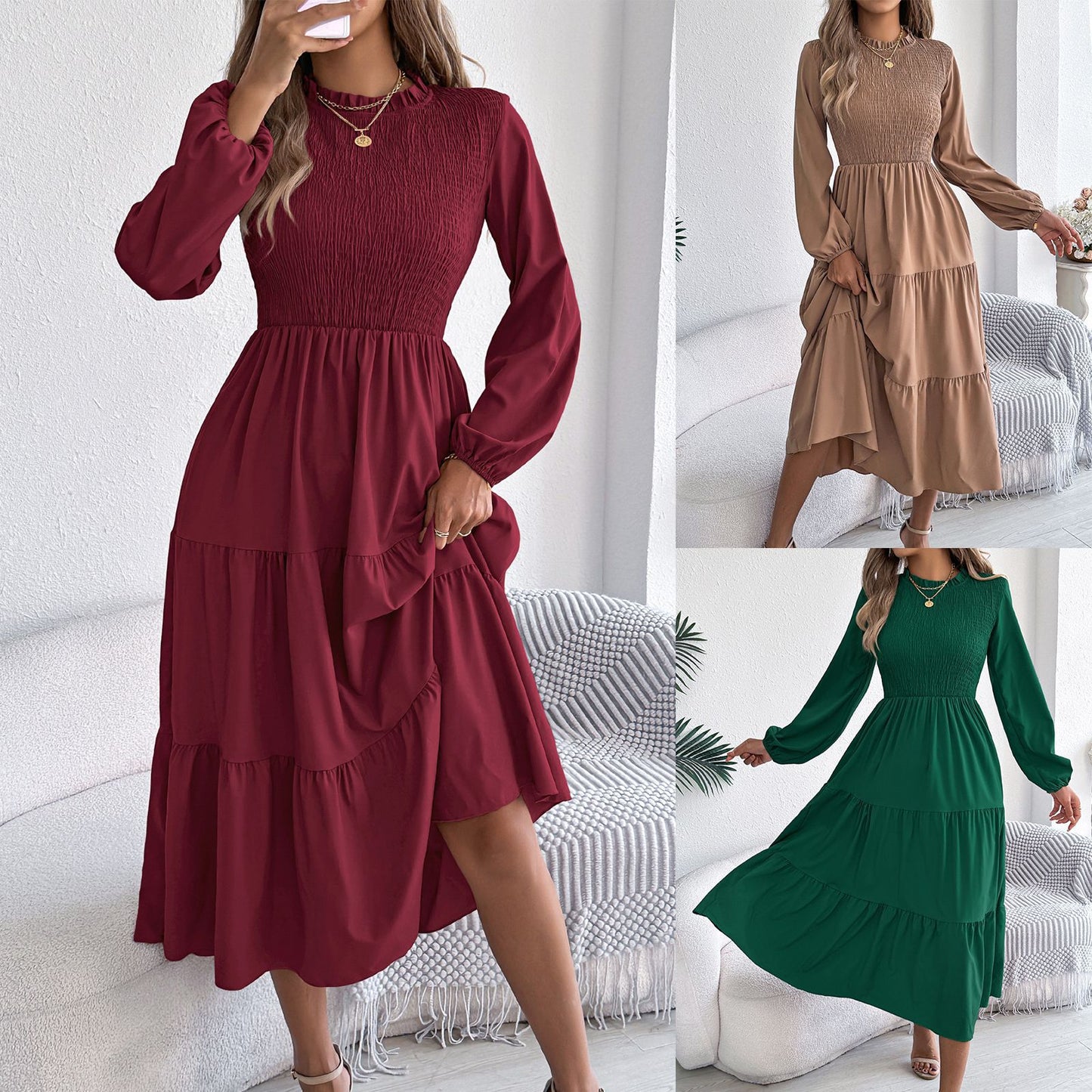 Women's Color Long Sleeve Smocking Slim Fit Dress