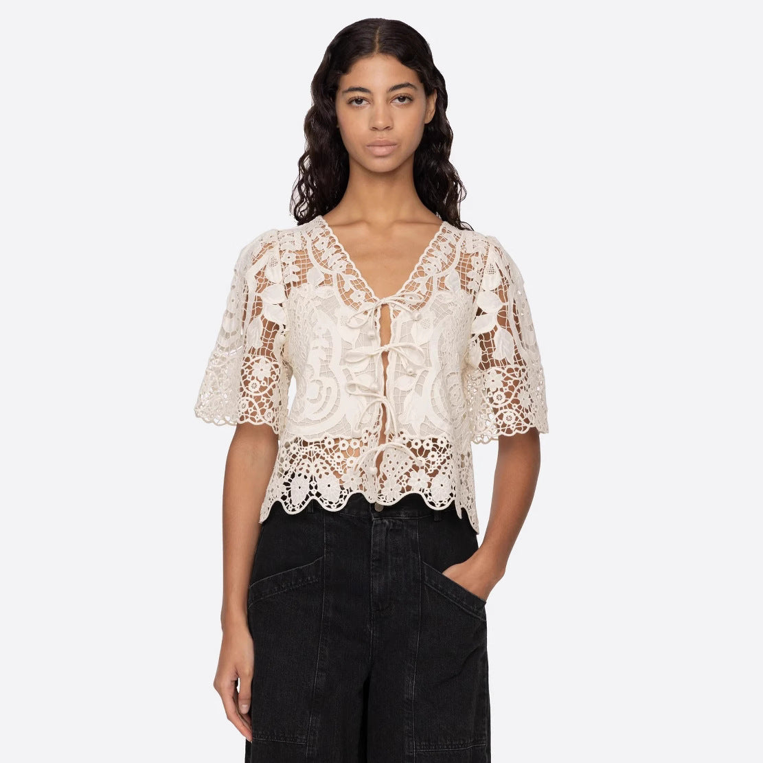 Hollow Lace Embroidered Flounce Trim Up Blouses