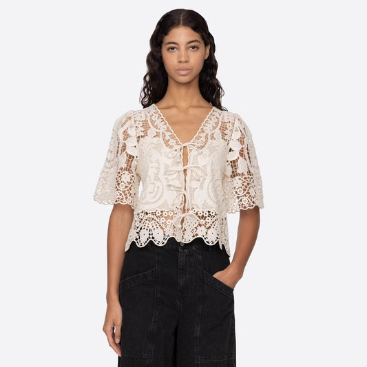 Hollow Lace Embroidered Flounce Trim Up Blouses