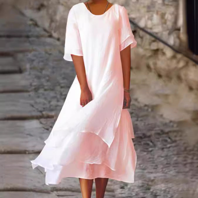 Summer Cotton Linen Color Matching Slit Sleeve Dress