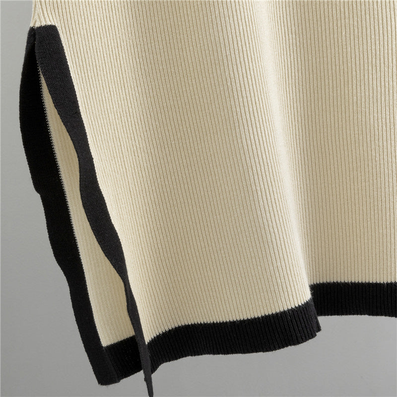 Women's Knitting Contrast Color Round Neck Slit Tops