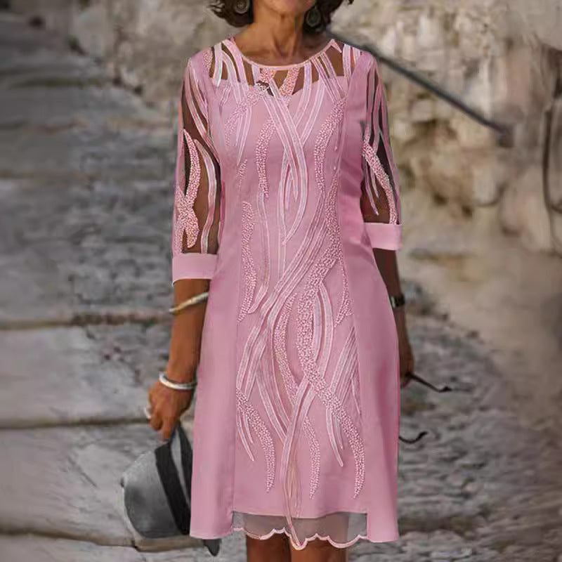 Women's Summer Fashion Round Neck Lace Stitching Half Dress