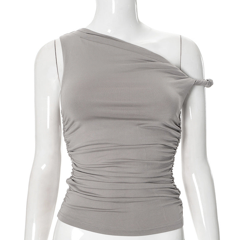Women's Solid Color Diagonal Collar Pleated Asymmetric Tops