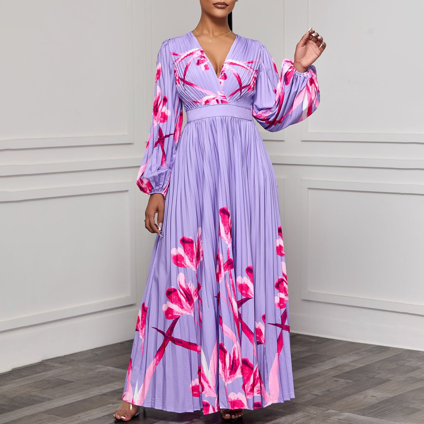 Women's Slimming Long Sleeves Printed Pleated Temperament Dress