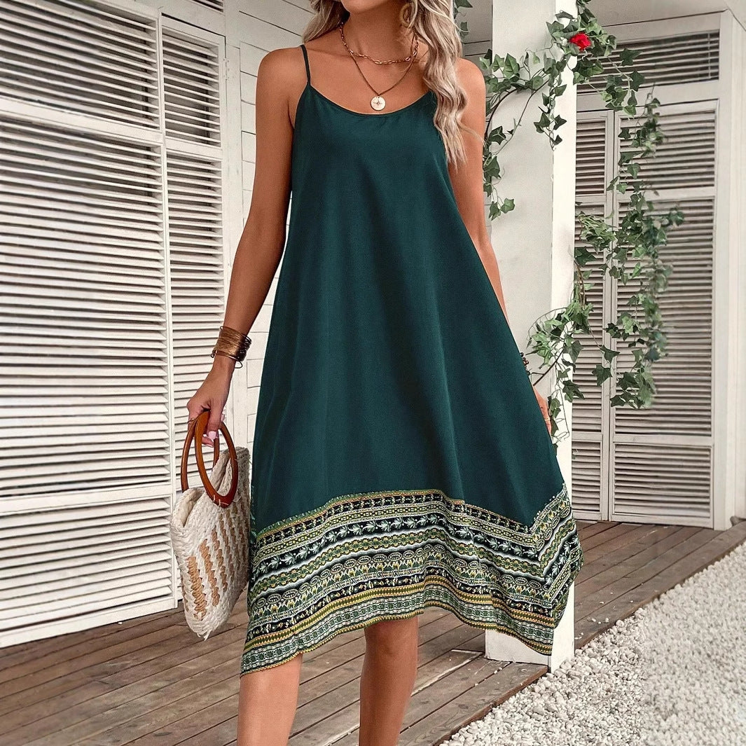 Summer Sling Stitching Printing Irregular Hem Dress