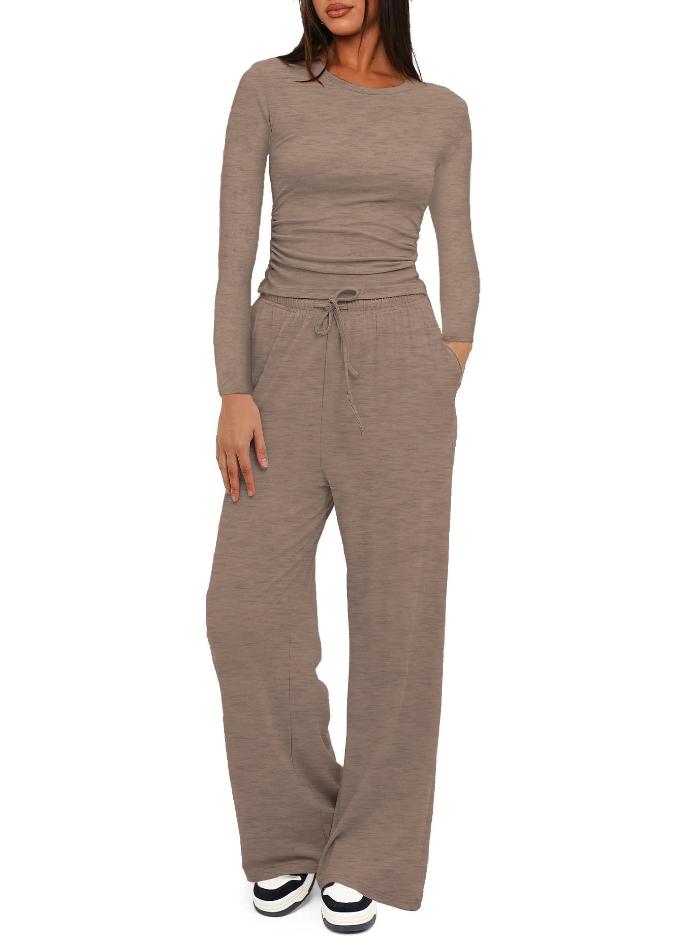 Solid Color Long Sleeves Outfit High Waist Wide Leg Tops