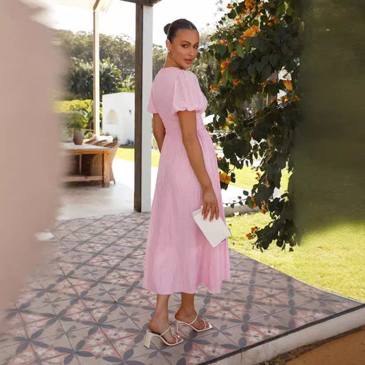 Women's Color Long Puff Sleeve Oversized Swing Dresses