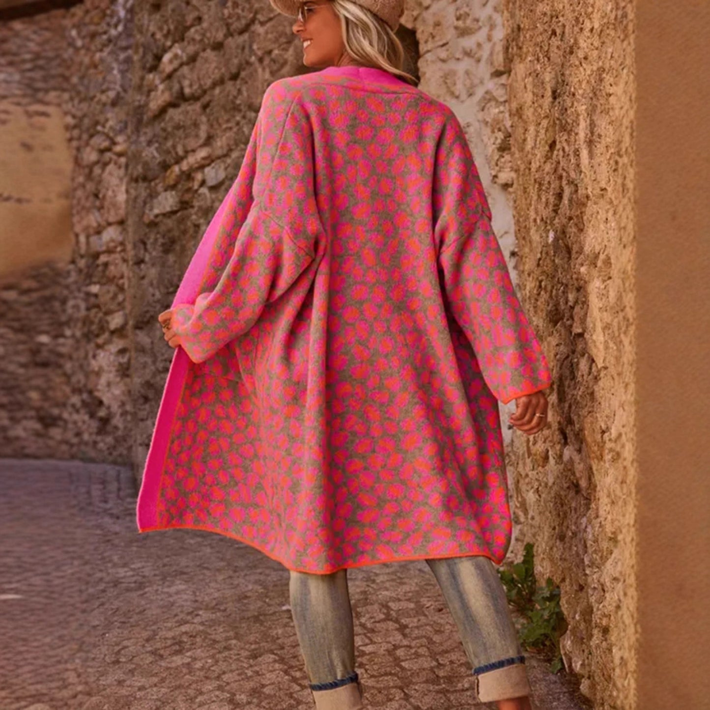 Women's Contrast Color Leopard Print Long Fashion Sweaters