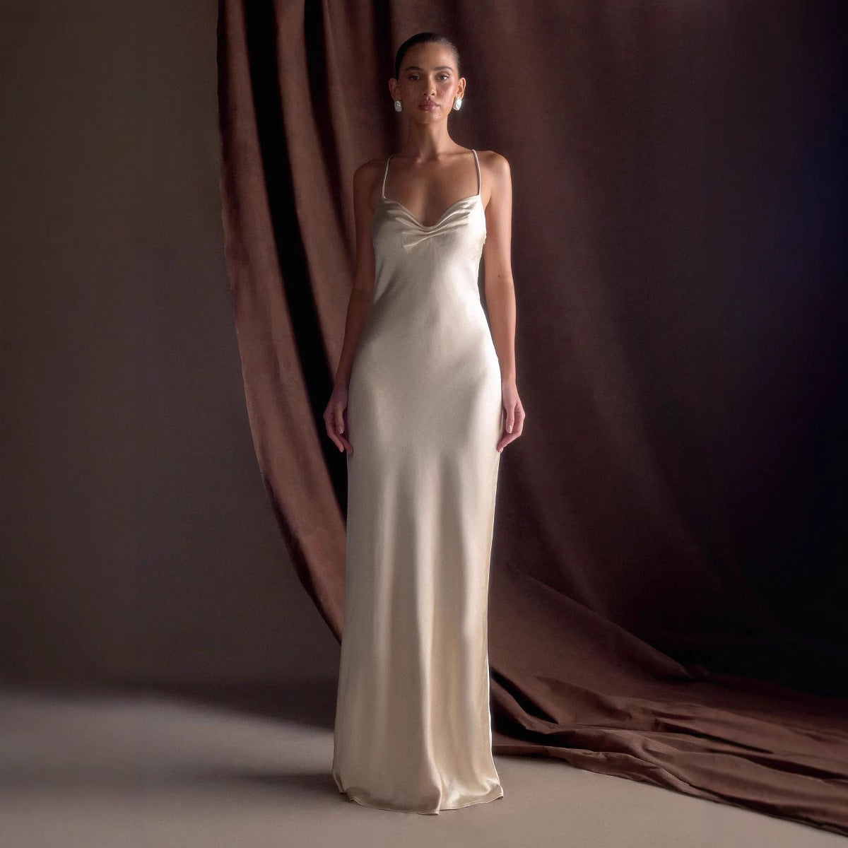 Color Satin Invisible Zipper Pleated Design Draping Sling Dress