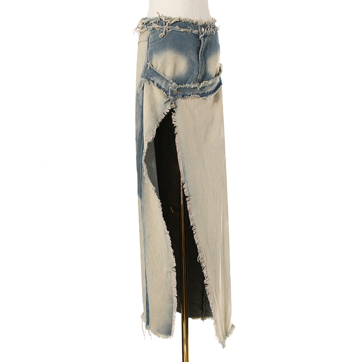 Washed Distressed Frayed Gradient Denim Split Skirts