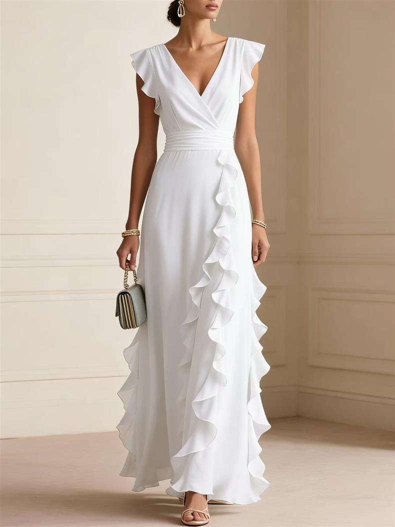 Solid Color Summer Ruffled Sleeveless Thin Dress