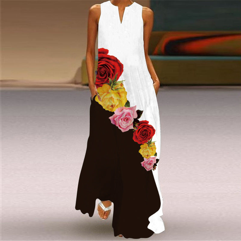Women's Fashion Printed Sexy Pocket Maxi Dress Dresses